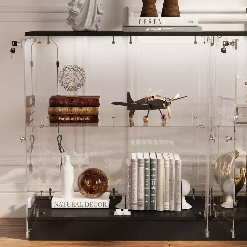 Glass Display Cabinet with 3-Mode LED Lights and Lockable Doors