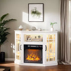 Meuble TV d'angle en bois 43" avec foyer électrique et porte en verre