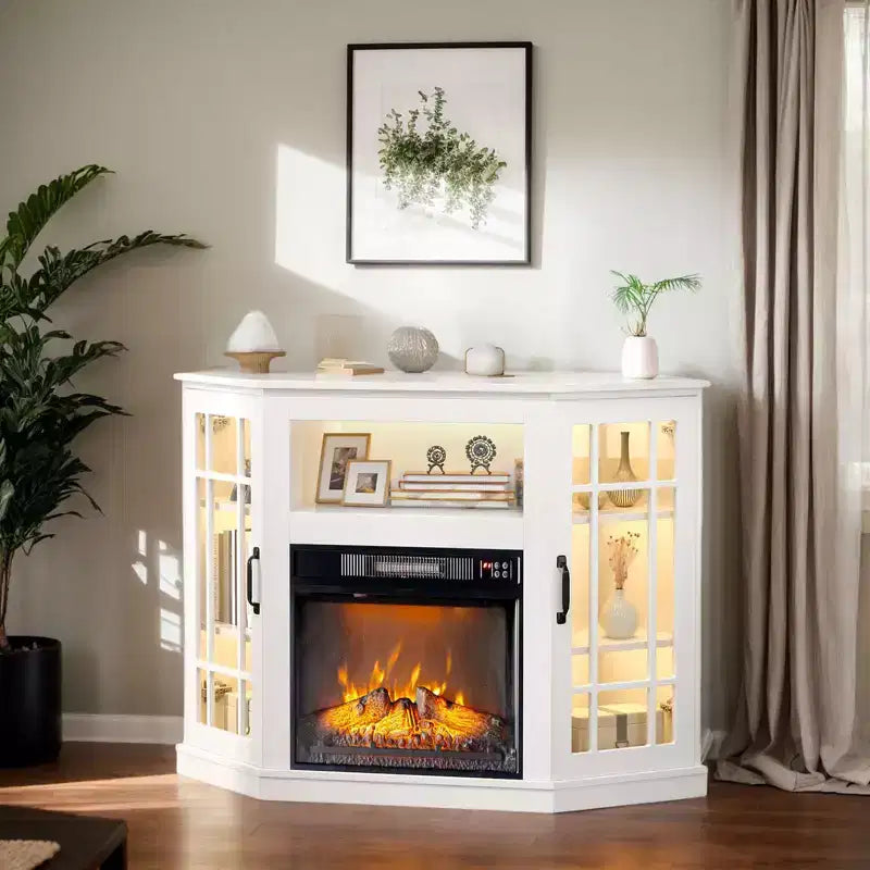 Meuble TV d'angle en bois 43" avec foyer électrique et porte en verre