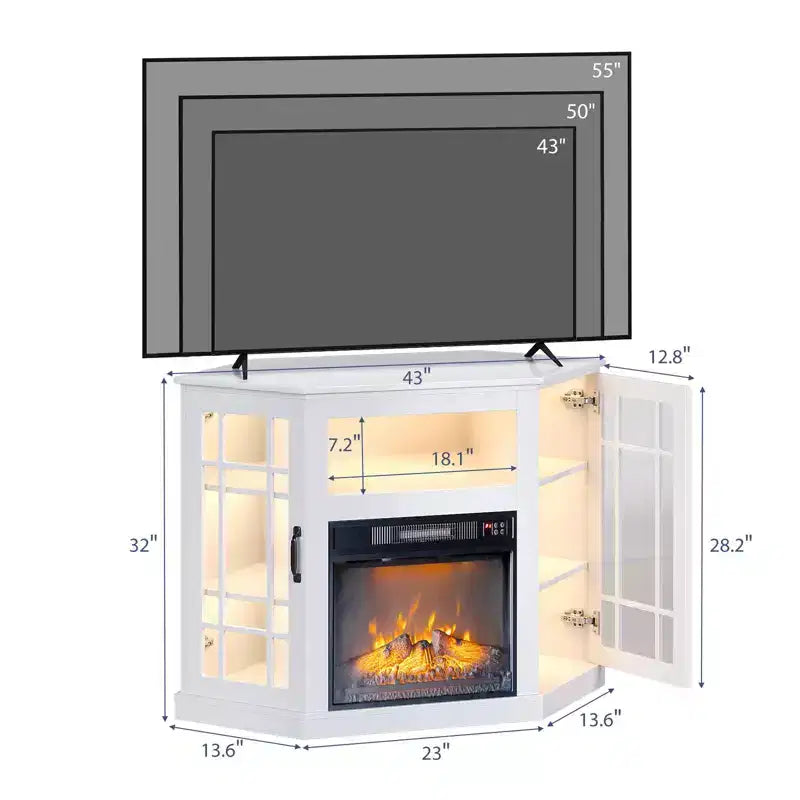 Meuble TV d'angle en bois 43" avec foyer électrique et porte en verre