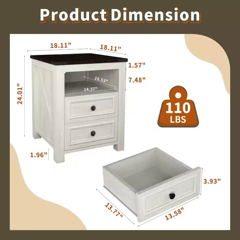 Table de chevet de ferme en bois de 45,7 cm avec station de charge et 2 tiroirs