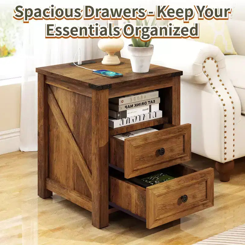 Wood Farmhouse Nightstand 18" with Charging Station and 2 Drawers