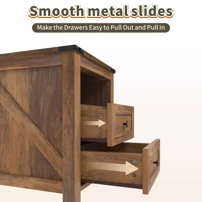 Wood Farmhouse Nightstand 18" with Charging Station and 2 Drawers