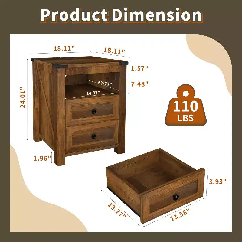 Table de chevet de ferme en bois de 45,7 cm avec station de charge et 2 tiroirs