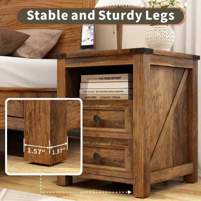 Table de chevet de ferme en bois de 45,7 cm avec station de charge et 2 tiroirs