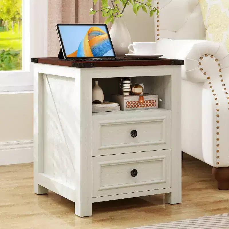 Wood Farmhouse Nightstand 18" with Charging Station and 2 Drawers