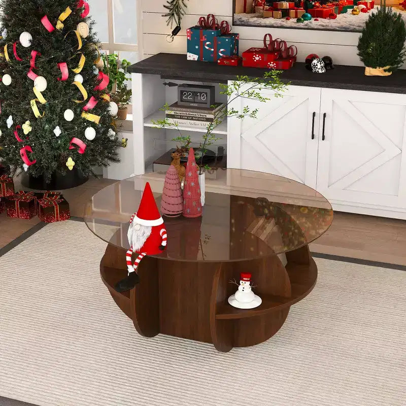 Table basse ronde de rangement en bois et verre trempé avec étagères à 4 niveaux