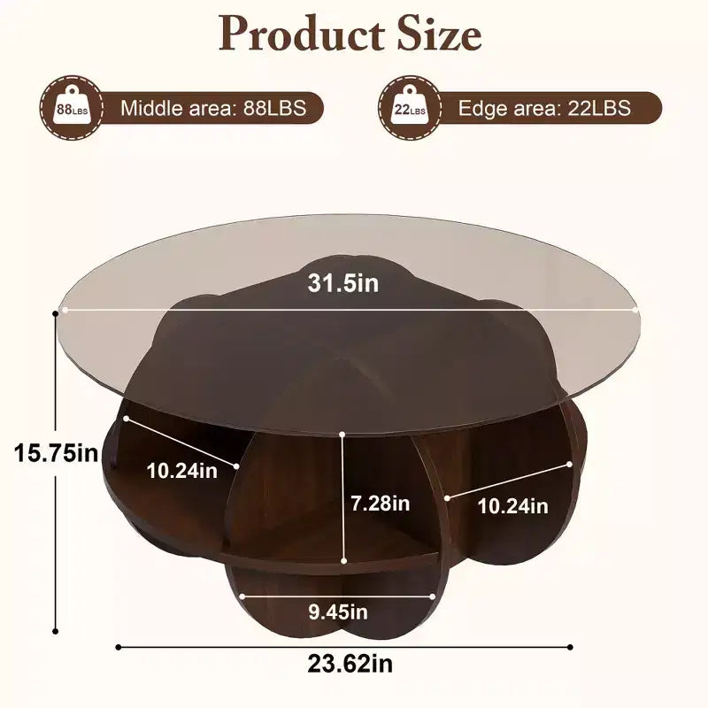 Table basse ronde de rangement en bois et verre trempé avec étagères à 4 niveaux