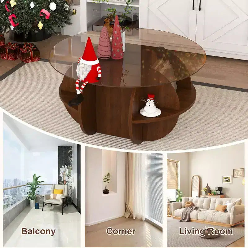 Table basse ronde de rangement en bois et verre trempé avec étagères à 4 niveaux