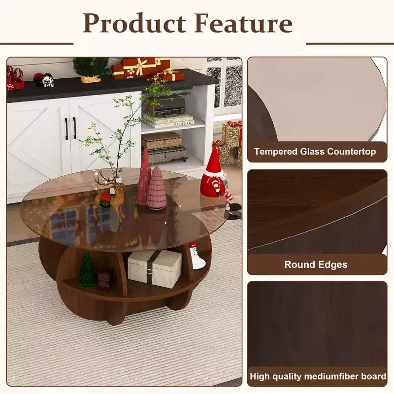 Table basse ronde de rangement en bois et verre trempé avec étagères à 4 niveaux