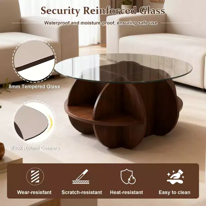 Table basse ronde de rangement en bois et verre trempé avec étagères à 4 niveaux