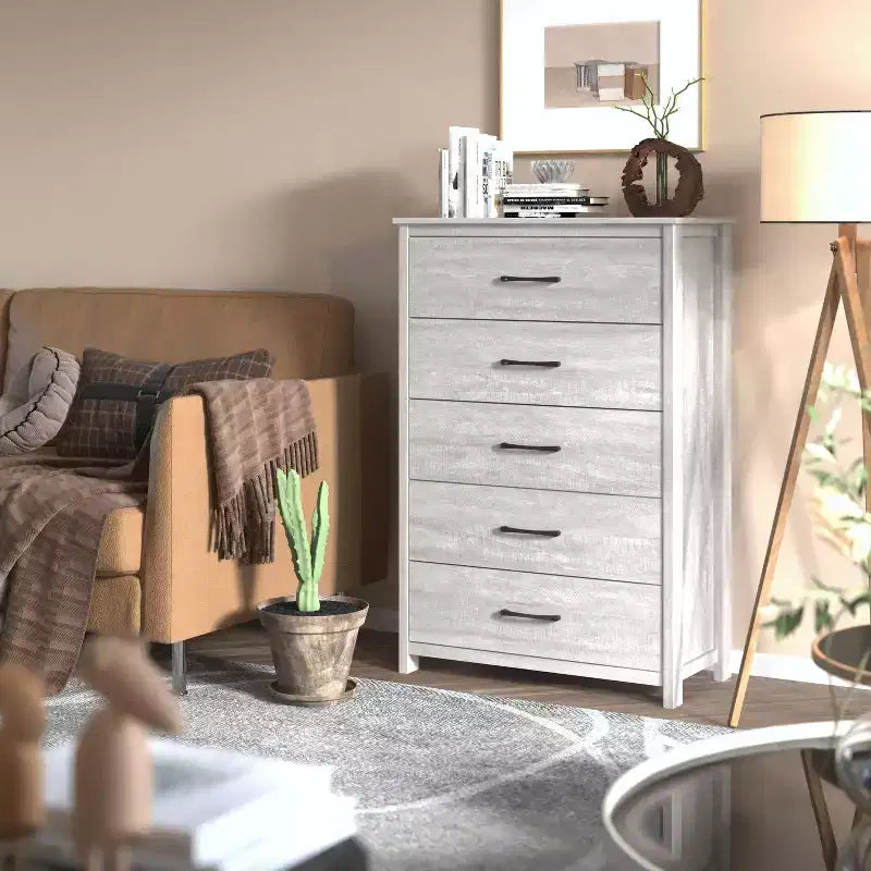 Wood 5-Drawer Dresser Narrow 31.3"W x 15.6"D x 47.7"H
