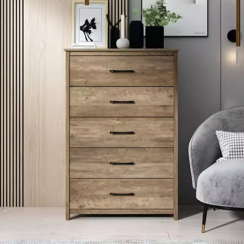 Wood 5-Drawer Dresser Narrow 31.3"W x 15.6"D x 47.7"H