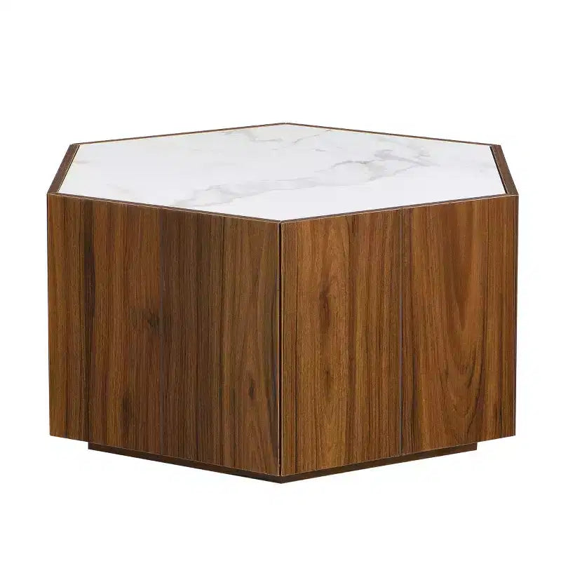 Table basse hexagonale effet marbre avec tiroirs de rangement dissimulés