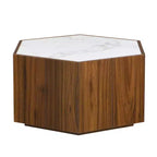 Table basse hexagonale effet marbre avec tiroirs de rangement dissimulés