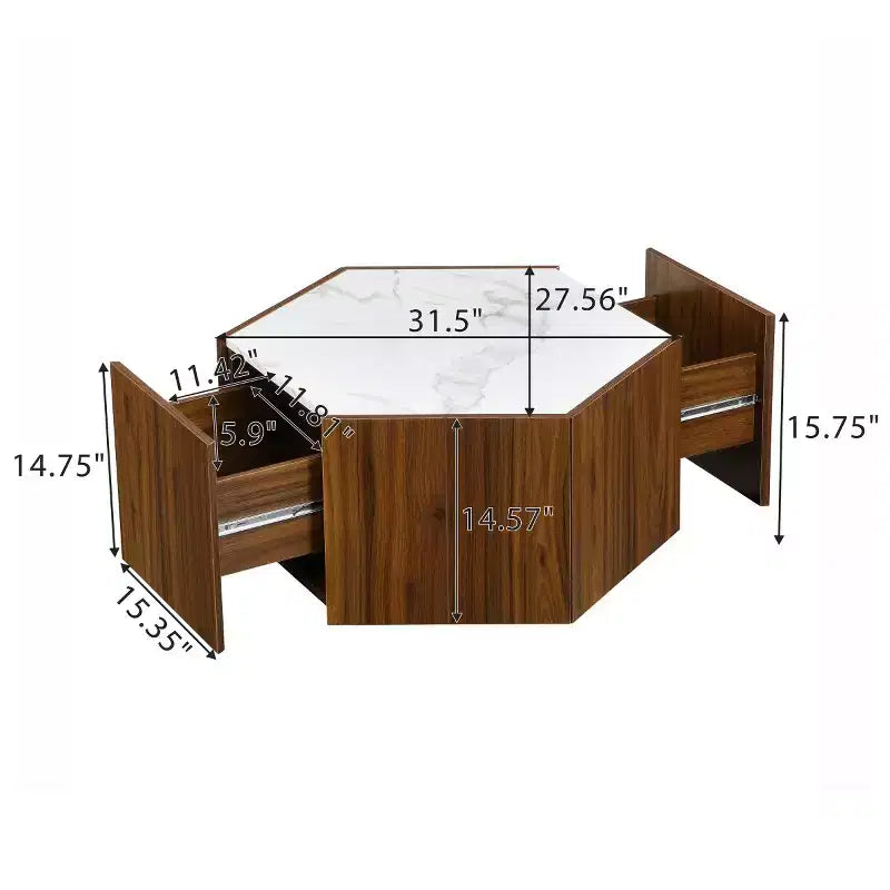 Table basse hexagonale effet marbre avec tiroirs de rangement dissimulés