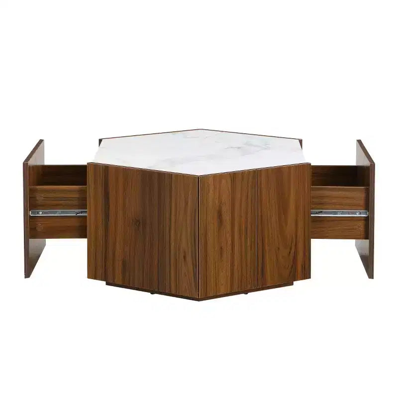 Table basse hexagonale effet marbre avec tiroirs de rangement dissimulés