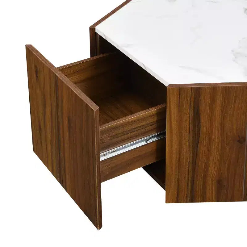 Table basse hexagonale effet marbre avec tiroirs de rangement dissimulés