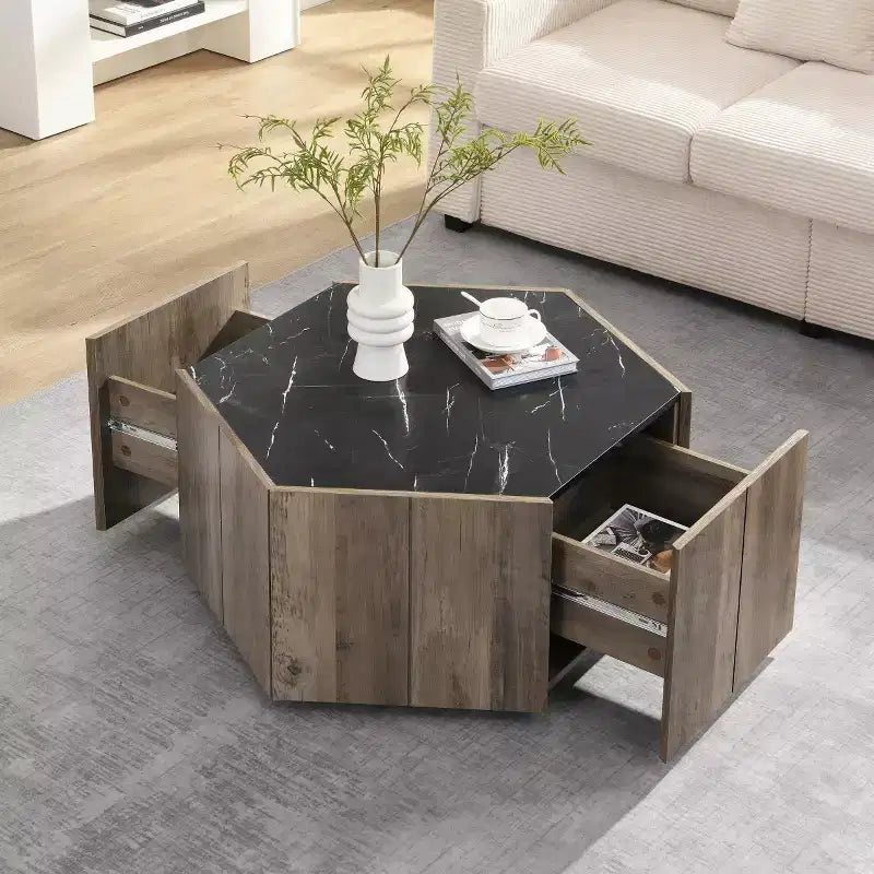 Table basse hexagonale effet marbre avec tiroirs de rangement dissimulés