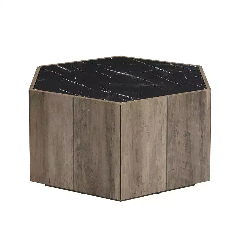 Table basse hexagonale effet marbre avec tiroirs de rangement dissimulés
