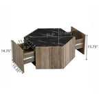 Table basse hexagonale effet marbre avec tiroirs de rangement dissimulés
