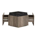 Table basse hexagonale effet marbre avec tiroirs de rangement dissimulés