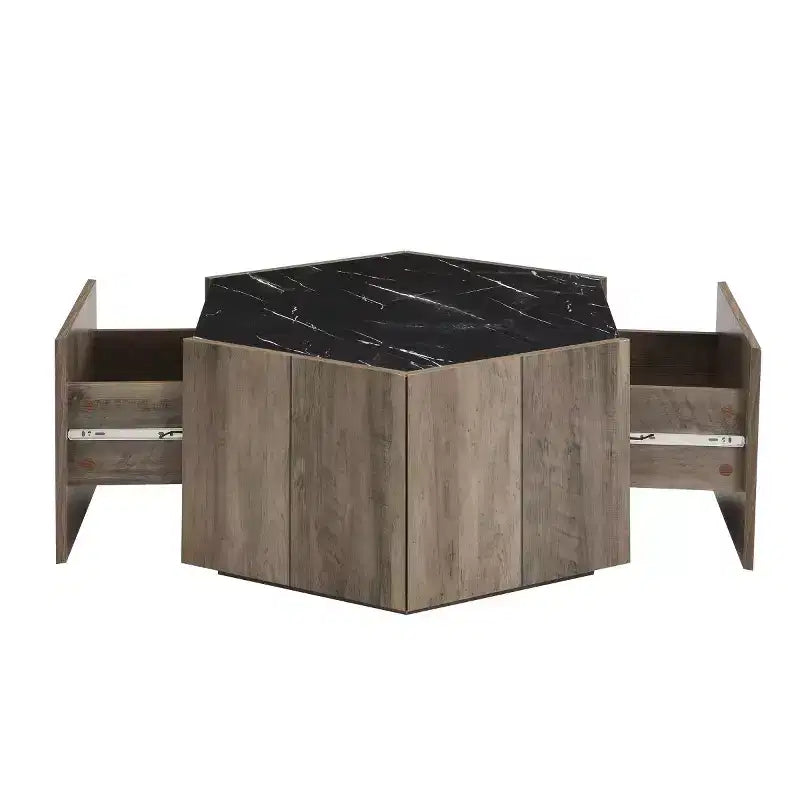 Table basse hexagonale effet marbre avec tiroirs de rangement dissimulés