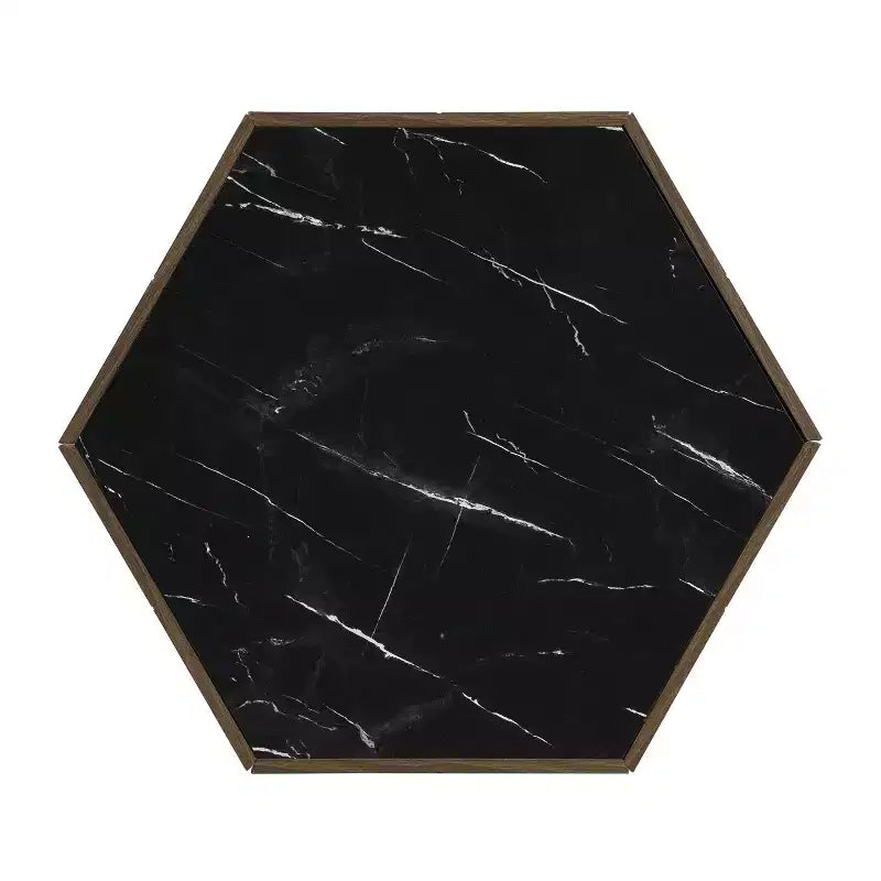 Table basse hexagonale effet marbre avec tiroirs de rangement dissimulés