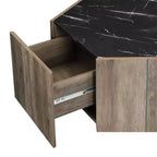 Table basse hexagonale effet marbre avec tiroirs de rangement dissimulés