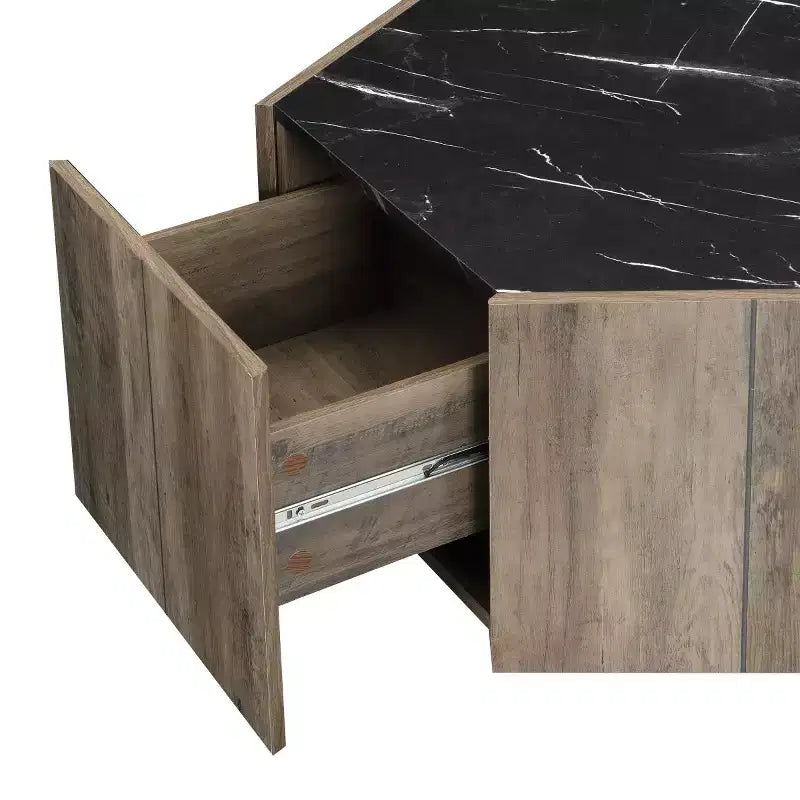 Table basse hexagonale effet marbre avec tiroirs de rangement dissimulés