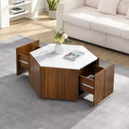 Table basse hexagonale effet marbre avec tiroirs de rangement dissimulés