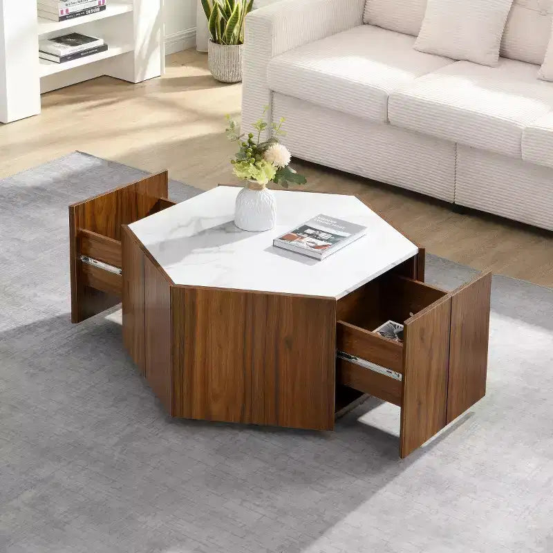 Table basse hexagonale effet marbre avec tiroirs de rangement dissimulés
