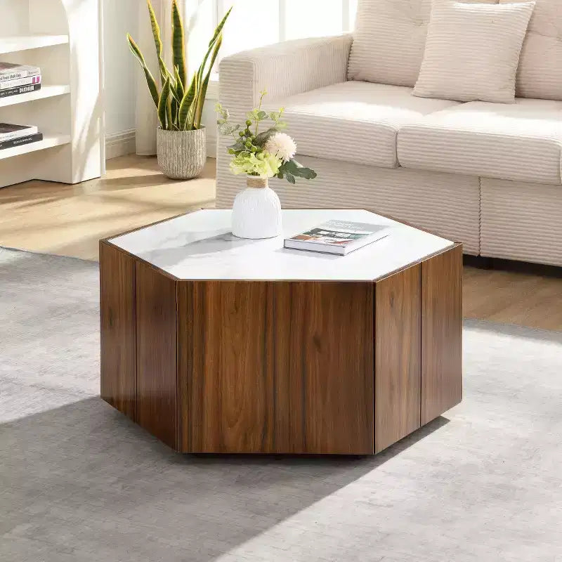 Table basse hexagonale effet marbre avec tiroirs de rangement dissimulés