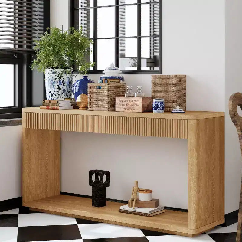 Console de ferme en placage de bois 60 po avec 2 tiroirs cannelés et étagère