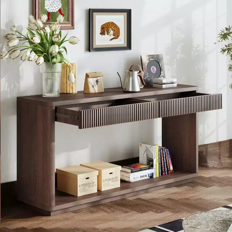 Console de ferme en placage de bois 60 po avec 2 tiroirs cannelés et étagère