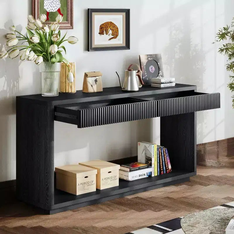 Console de ferme en placage de bois 60 po avec 2 tiroirs cannelés et étagère