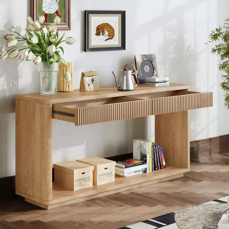 Console de ferme en placage de bois 60 po avec 2 tiroirs cannelés et étagère