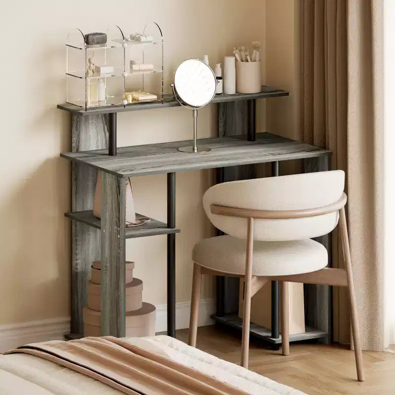Bureau d'ordinateur en bois de 89 cm avec double étagère latérale et étagère pour imprimante