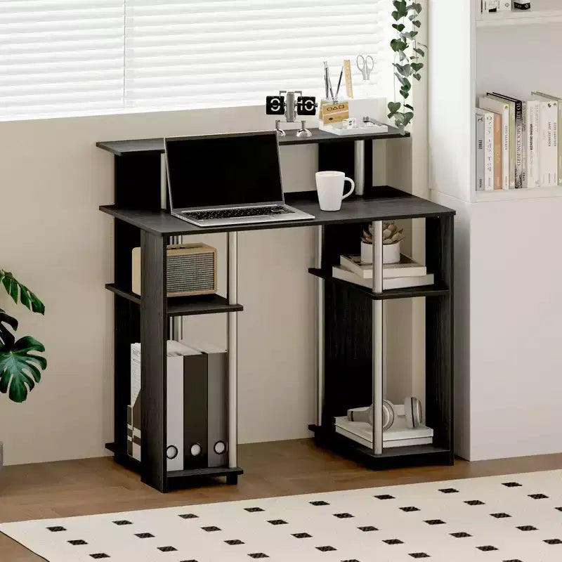 Wood Computer Desk 35" with Dual Side Shelves and Printer Shelf