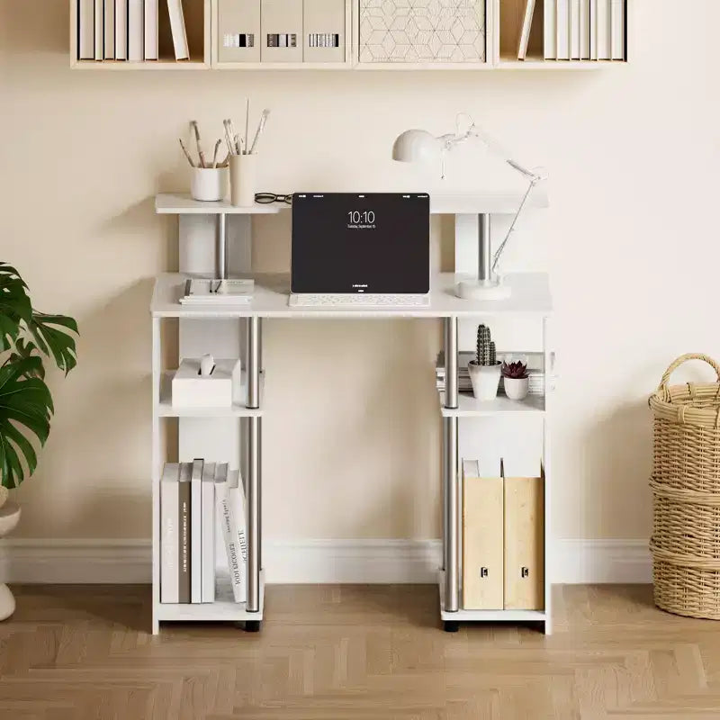 Bureau d'ordinateur en bois de 89 cm avec double étagère latérale et étagère pour imprimante
