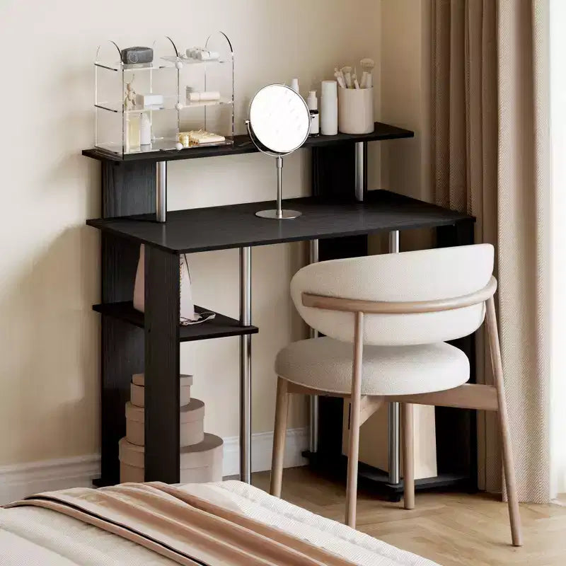 Wood Computer Desk 35" with Dual Side Shelves and Printer Shelf