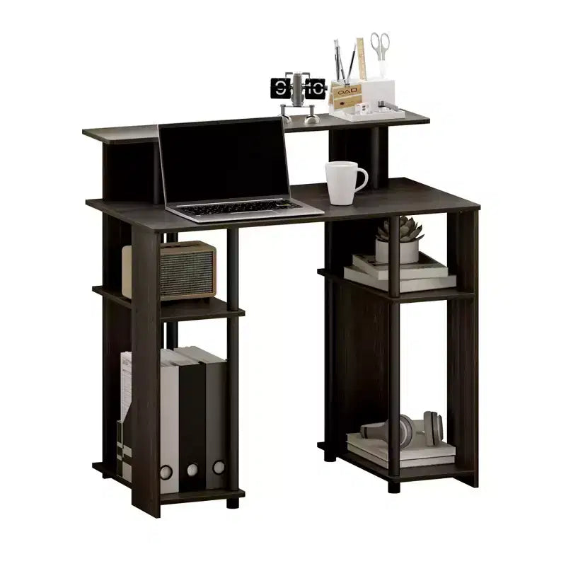 Wood Computer Desk 35" with Dual Side Shelves and Printer Shelf