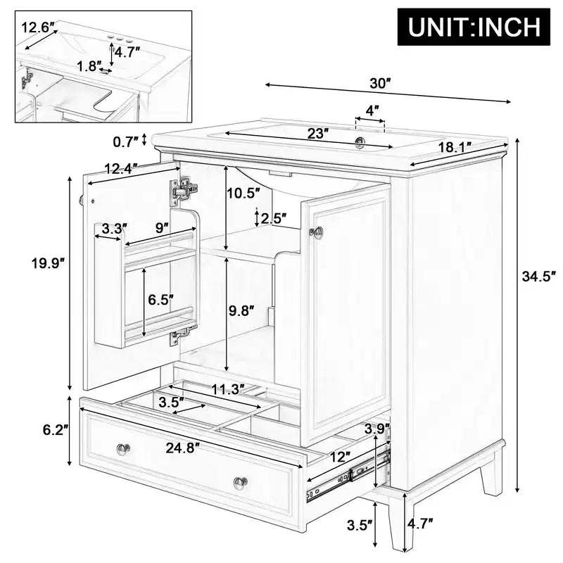 Meuble bas de salle de bain en MDF de 30 po avec portes et tiroir