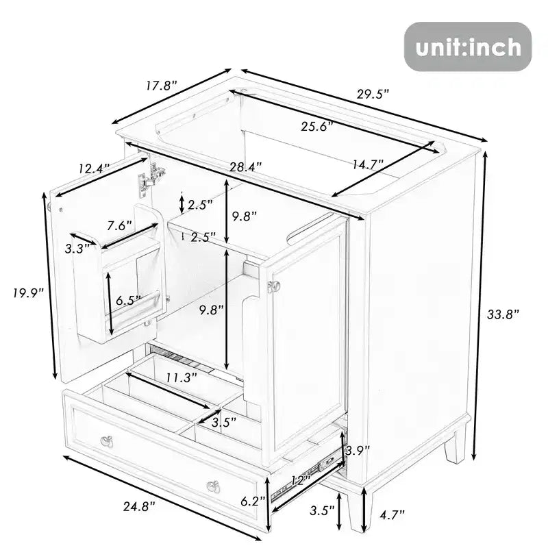 Meuble bas de salle de bain en MDF de 30 po avec portes et tiroir