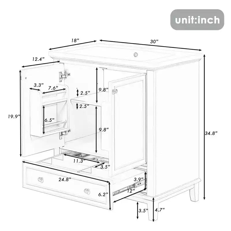 Meuble bas de salle de bain en MDF de 30 po avec portes et tiroir