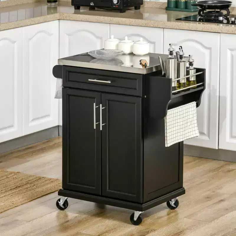 Îlot de cuisine roulant en acier inoxydable avec tiroir, porte-serviettes et porte-épices