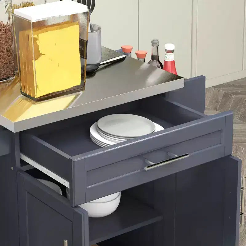 Îlot de cuisine roulant en acier inoxydable avec tiroir, porte-serviettes et porte-épices