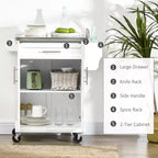 Îlot de cuisine roulant en acier inoxydable avec tiroir, porte-serviettes et porte-épices
