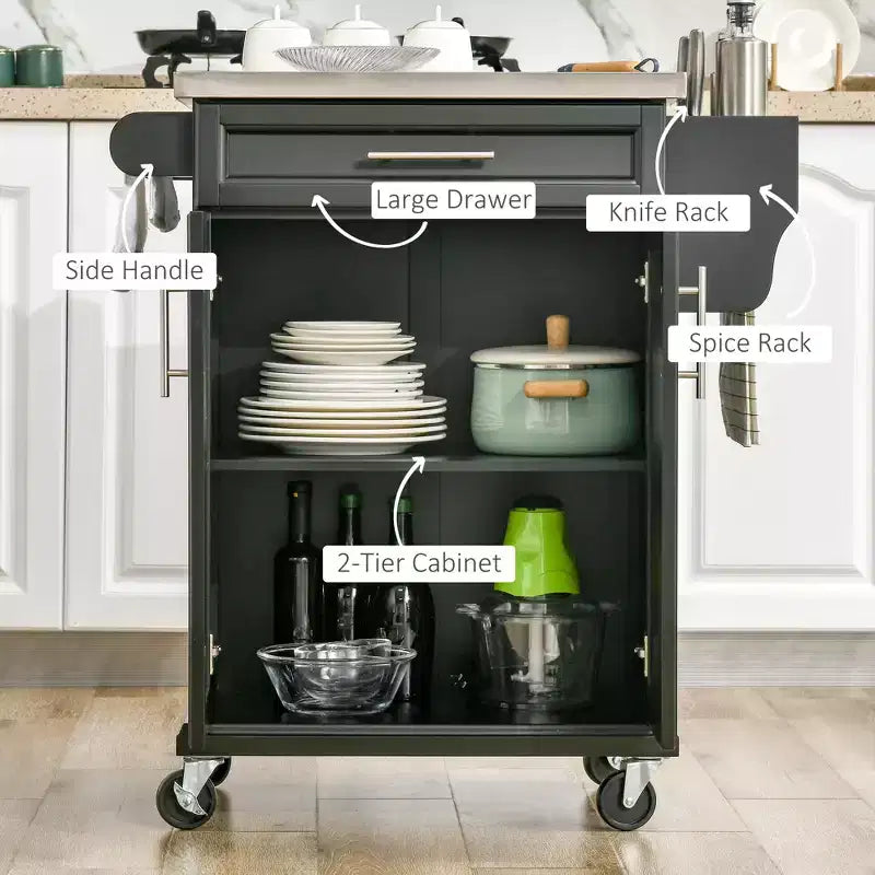 Îlot de cuisine roulant en acier inoxydable avec tiroir, porte-serviettes et porte-épices