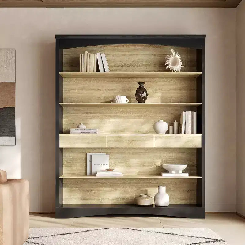 Solid Wood Bookcase with 3 Drawers and 5-Tier Open Shelves